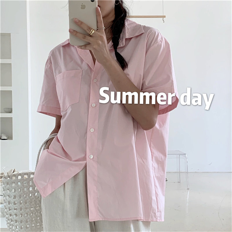 All Match Brief Tops Blouses Solid Office Lady Short Sleeves Loose Cotton Chic Summer Pockets Shirts 210421