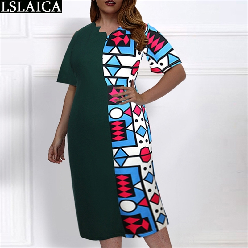Dress Women Summer Fashion Short Sleeve Patchwork Print Elasticity Female Midi Plus Size Casual Womens Clothing Vestido 210515