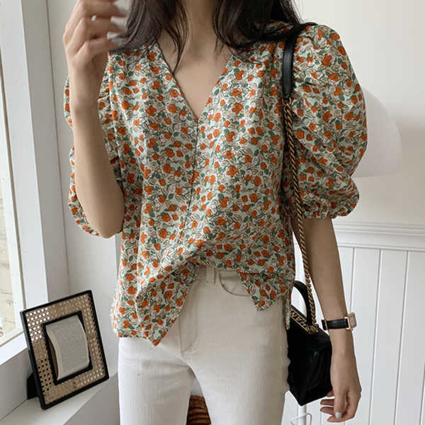 Korejpaa Women Shirt Summer Korea Chic Fresh Sweet Thin V-Neck Loose Casual All-Match Puff Sleeve Full Screen Flower Blouse 210526