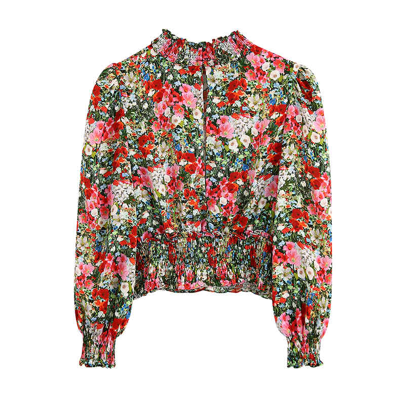 Boho Floral Print Womens Tops And Blouses Puff Sleeve Hollow Out Shirt Elastic Waist Holiday Blouse Top Camisas Mujer 210515
