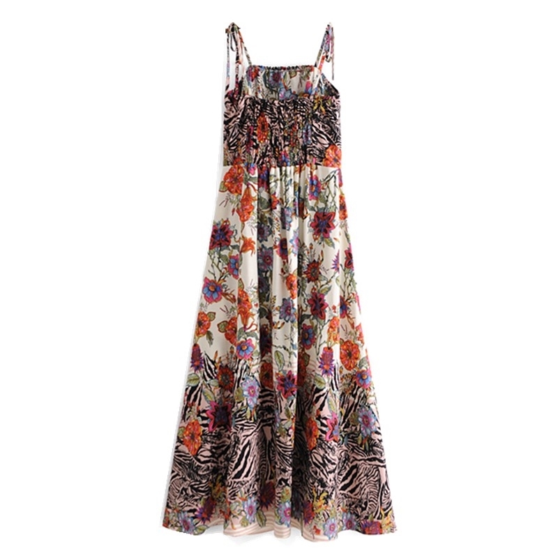 Bohemia Contrast color Flower Print Tied Bow Spaghetti Strap Dress Back Elastic BOHO Woman Sling Midi Long Dresses Beach 210429