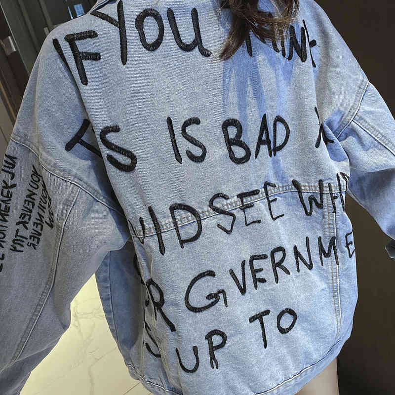 Spring Fashion Letter Embroidered Casual Denim Jacket Women's Long sleeve High street Jean Coat Femme 210519