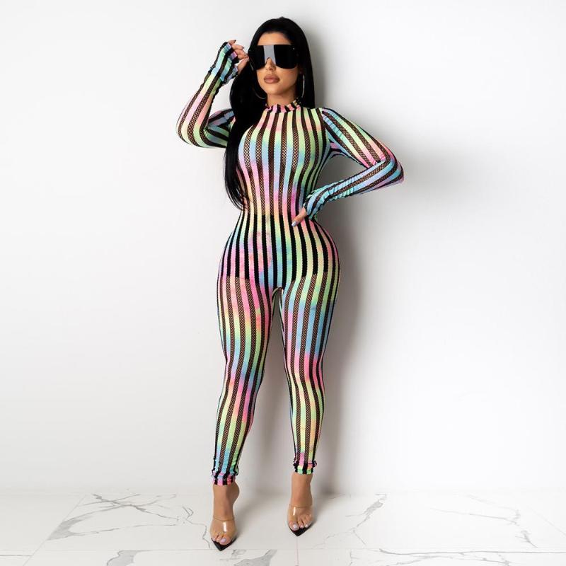 Fahion Striped Jumpsuit Long Playsuit Sheer Mesh Women's Jumpsuits & Rompers