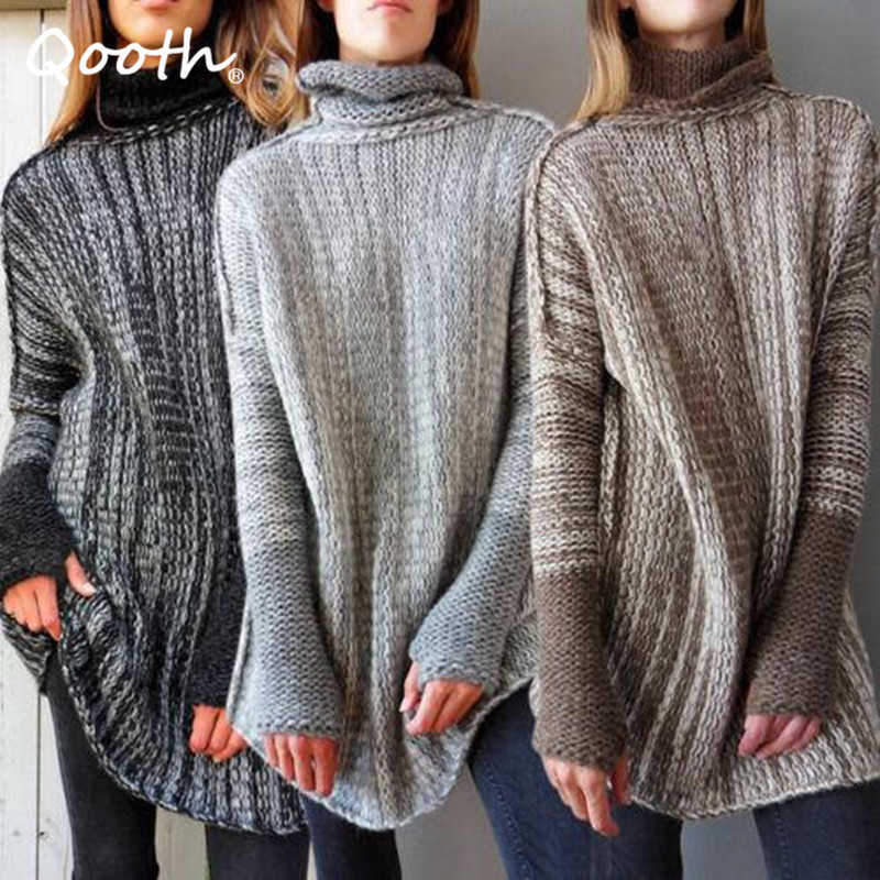 Qooth Office Lady Fashion Turtleneck Sweater Womens Autumn Winter Long-Sleeved Mid Length Loose Pullover QT673 210609