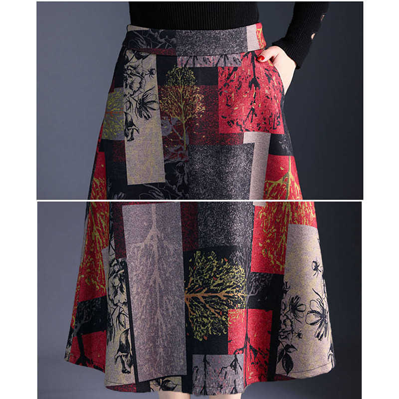 Autumn Winter A-line Long Skirts Womens Maxi Female High Waist Warm Wool Elegant Office Lady Printing Plaid 210619