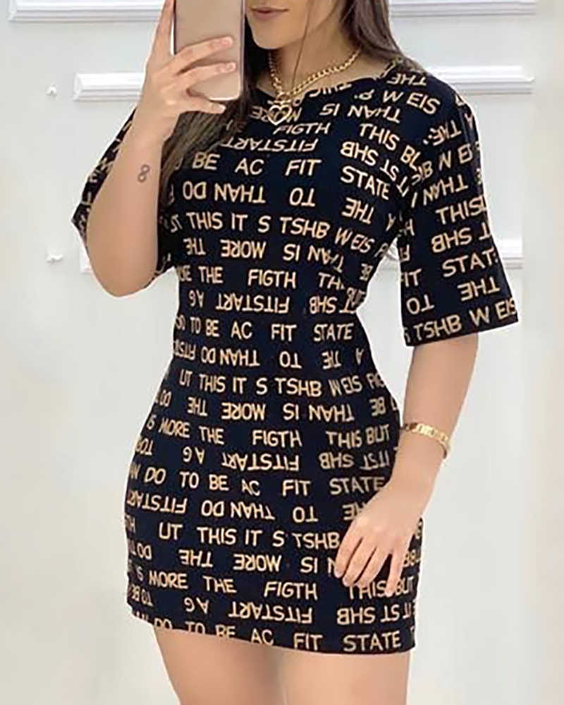 Summer Women Fashion Letter Printed Casual Short Dress Short Sleeve Bodycon Mini Dress 210716