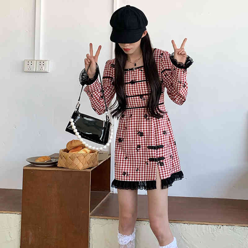 Sweet Rose Printed Dress Women's Spring Square Collor Slim Plaid Spliced Lace Split Mini Dresses Female 5C23 210427