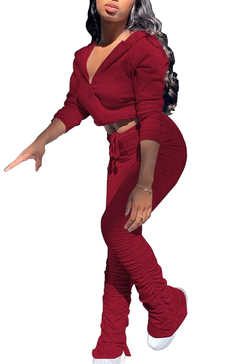 Spring Autumn Women Solid Color Casual Tracksuit Long Sleeve Zipper Hooded Cardigan Pleated Bell-bottom Pants Sets Women's Tracksuits