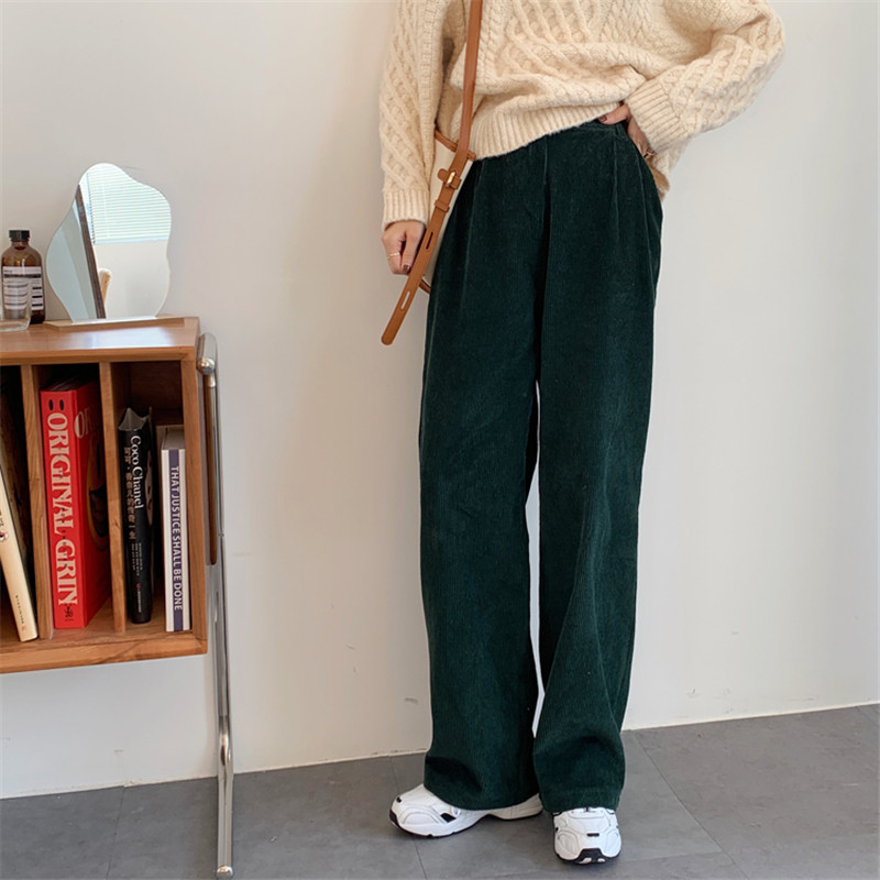 OL Elegant Minimalist High Waist Straight Corduroy Pants Women Spring Autumn Casual Wide Leg Trousers 210421