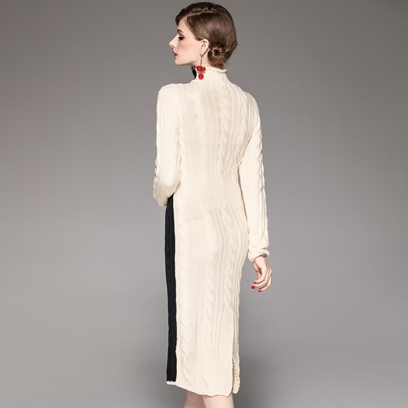 Autumn Winter Woman Dress Ivory Black Patchwork Knitted Dress Turtleneck Full Sleeve Knee Length Fashion Vintage Slim Dress 210515