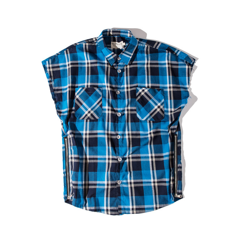 Fashion Brand Plaid shirt Men Hip hop sleeveless Shirts Mens side zipper shirtcamisa masculina swag Plus Size