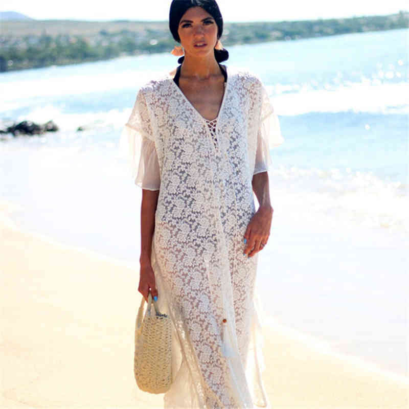 Arrival Bikini Cover-ups White Lace Tunic Sexy V-neck Plus Size Women Summer Dress Beach Wear Swim Suit Cover Up Q1254 210420