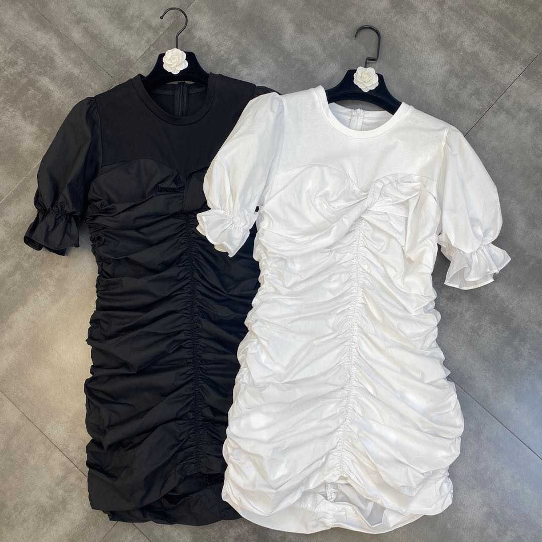 DEAT Women Pleated Ruffles Short Dress Round Neck Short Sleeve Arrivals Lady Temperament Fashion Spring Summer 11D1255 210709