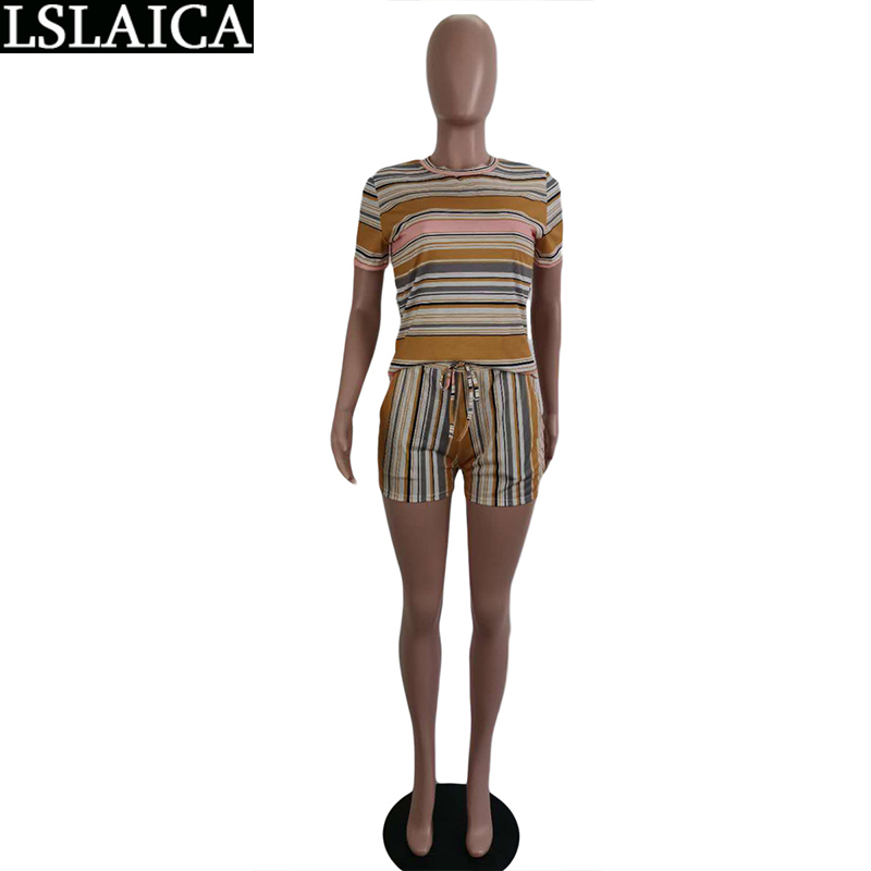 Set Woman 2 Pieces Short Sleeve Blouse&short Pants Striped Print Casual Two Piece Women Summer Fashion Office Lady 210520