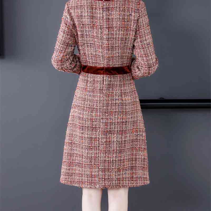 Autumn And Winter Women Vintage Tweed Woolen Red Dress Vestidos Ladies Velvet Patchwork Elegant Plaid Dresses 210520