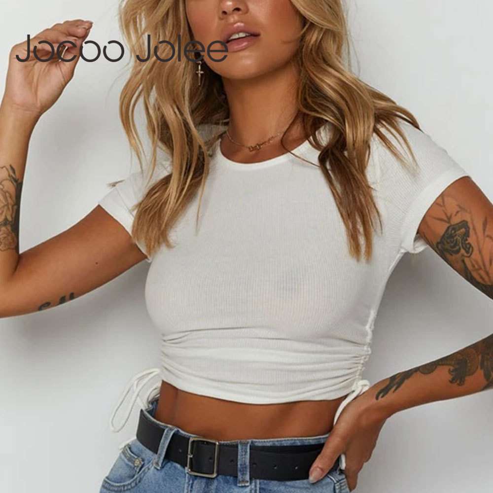 Women Summer Casual Short Sleeve O Neck Print Cropped Tops Elegant Knit Drawstring Tee Sexy Slim T Shirt Beach Streetwear 210428