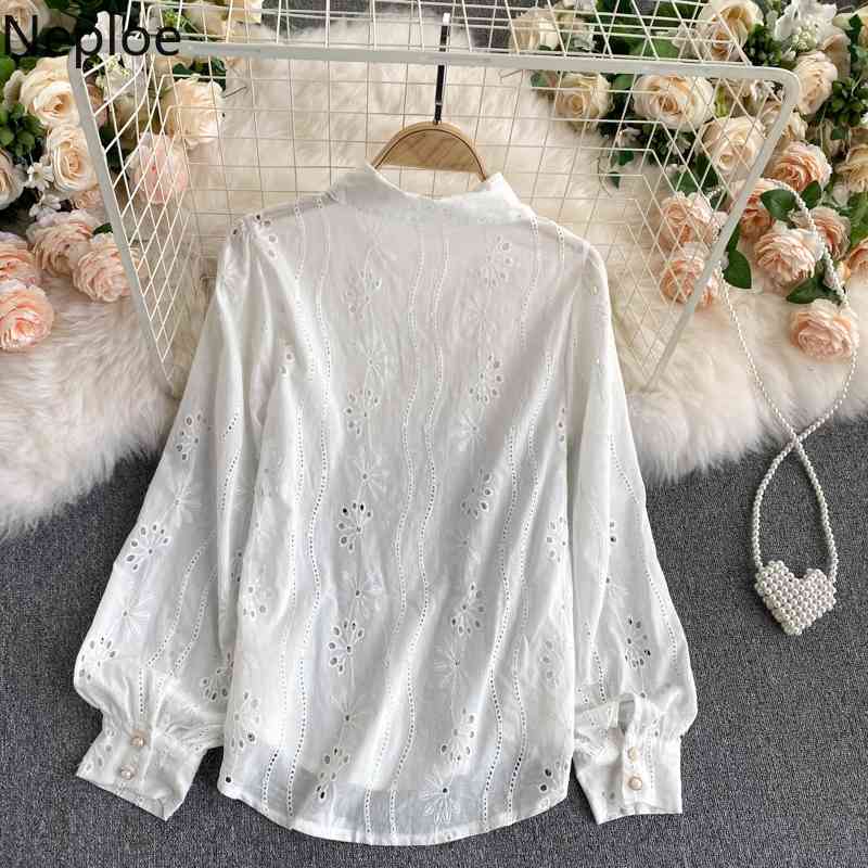 Neploe Chic Blouses Women Heavy Hollow Out Embroidery Shirts Lantern Sleeve Sweet White Blouse Korean Blusas Mujer De Moda 210422