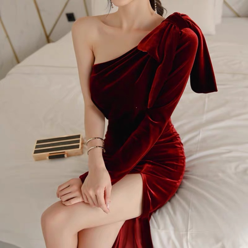 sexy velvet dress one shoulder slim bodycon split red empire dinner birthday spring summer midi kobieta sukienka 210421