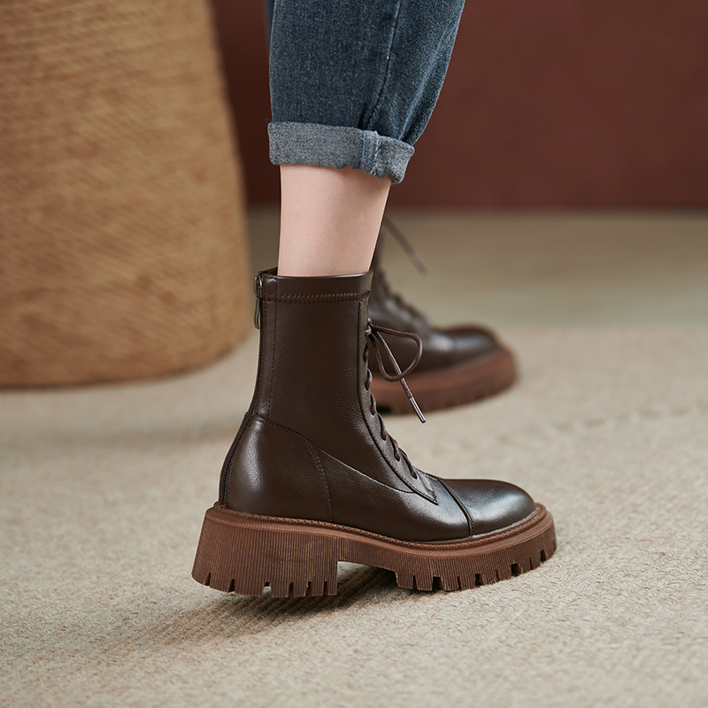 Wonen Soft Leather Short Boots British Style Thick-soled Motorcycle Martin Boots