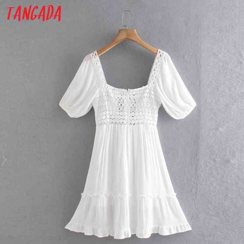 Summer Women White Lace Patchwork Hollow Out Short Sleeve Ladies Mini Dress Vestidos XN307 210416