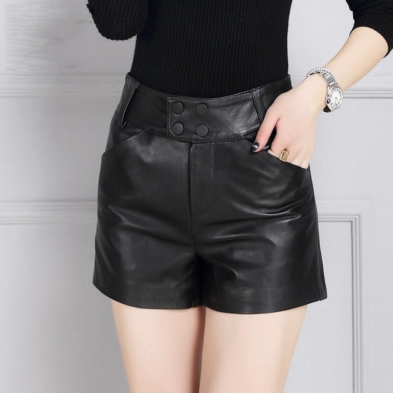 Fashion Sheepskin Leather Shorts Femme Winter Wide Leg Zipper Short Pants Red Black Office Lady Top Quality Trousers Women Women's