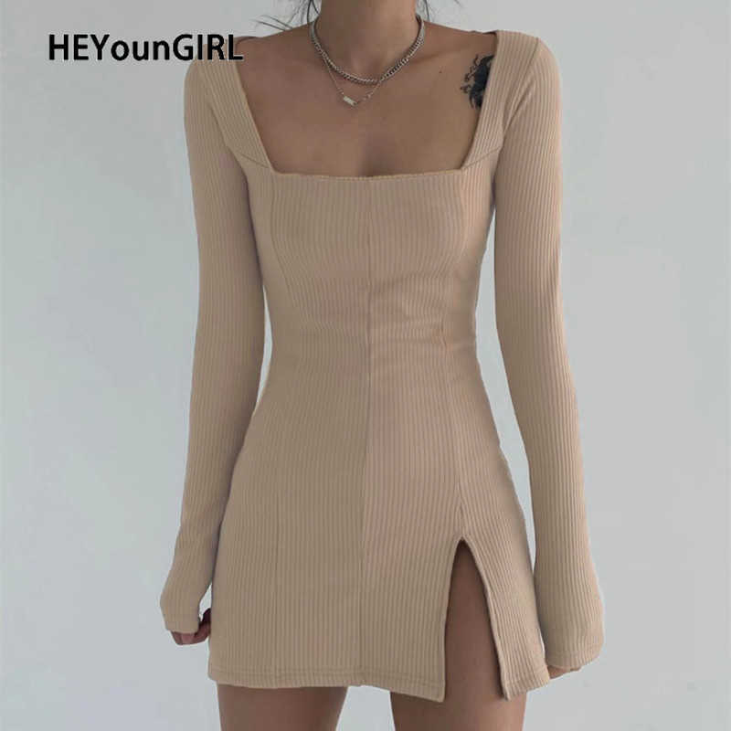 HEYounGIRL Split Side Solid Bodycon Mini Dress Women Square Collar Ribbed Casual Short Dresses Ladies Long Sleeve Korean Fashion Y0603, Khaki
HEYounGIRL Split Side Solid Bodycon Mini Dress Women Square Collar Ribbed Casual Short Dresses Ladies Long Sleeve Korean Fashion Y0603, Khaki
