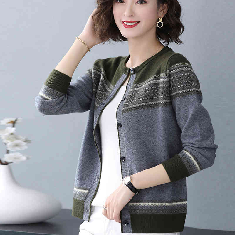 Print Patchwork O-Neck Slim Knitted Cardigans For Women Spring Single Breasted Korean Knitwear Tops Elegant Knit Coat Female 210522