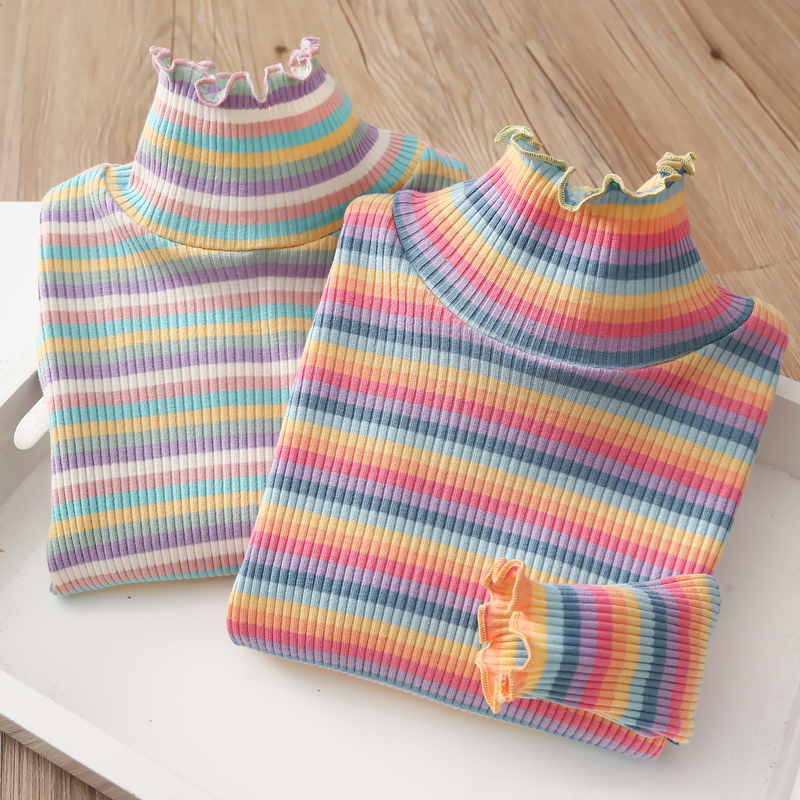 2021 Spring Autumn 2-10 12 Years Children'S Sweet Long Sleeve Colorful Striped High Neck Basic Turtleneck T-Shirt For Kids Girls 220217