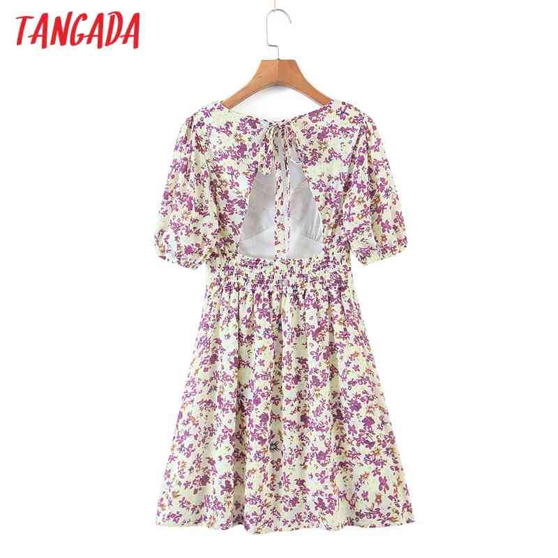 Summer Women Flowers Print Backless Bow Short Sleeve Ladies Mini Dress Vestidos 8M9 210416