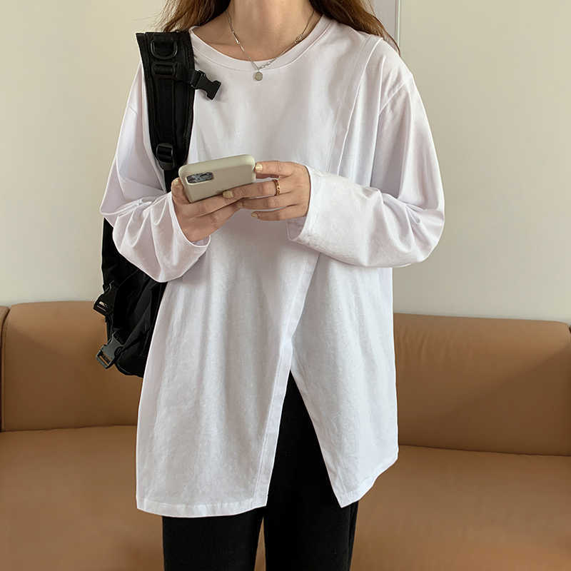 Spring and Summer Fashion Casual Loose Women's T-shirt Round Neck Cotton Side Slit Long-sleeved 210615Z