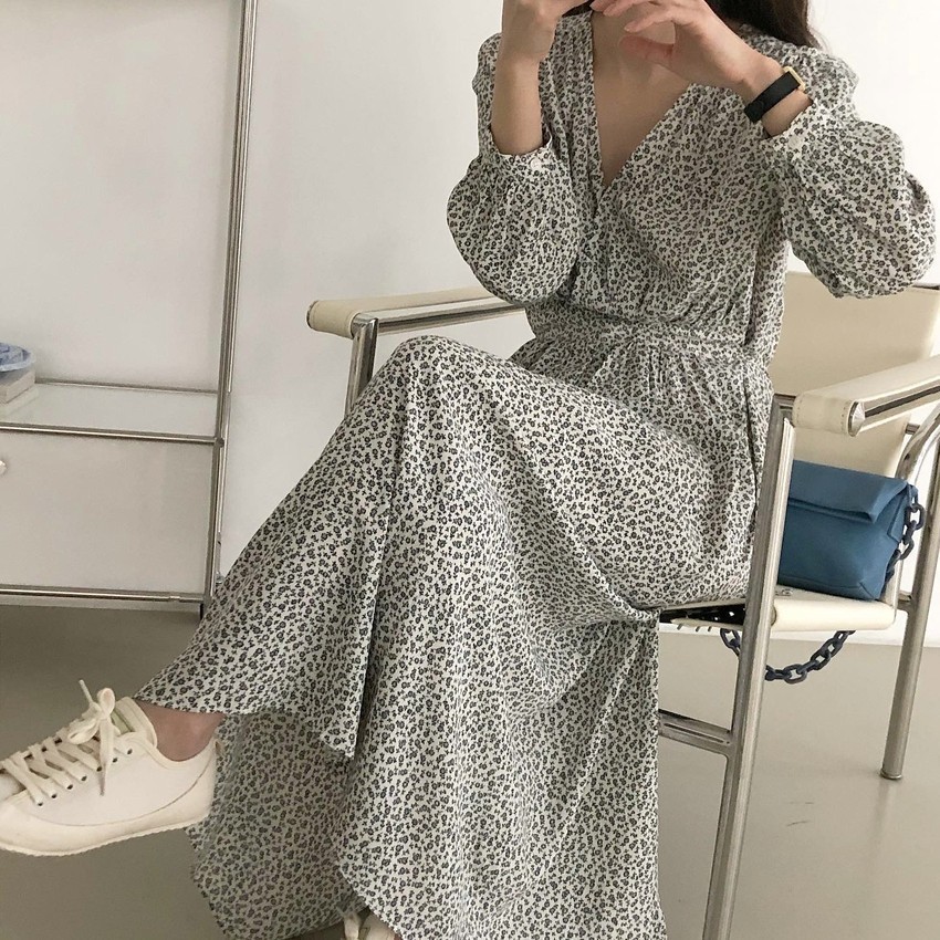 Ink Korean Chic Cross V-neck Floral Dress Long Puff Sleeve Maix Dresses Print Vintage All Match Summer Casual Robe 210519
