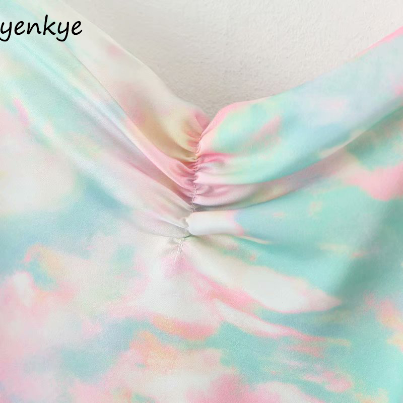 Tie-dye Print Sling Sexy Dress Romantic Women Backless Sleeveless Side Drawstring Asymmetric Dress Satin Chiffon Summer Dress 210515