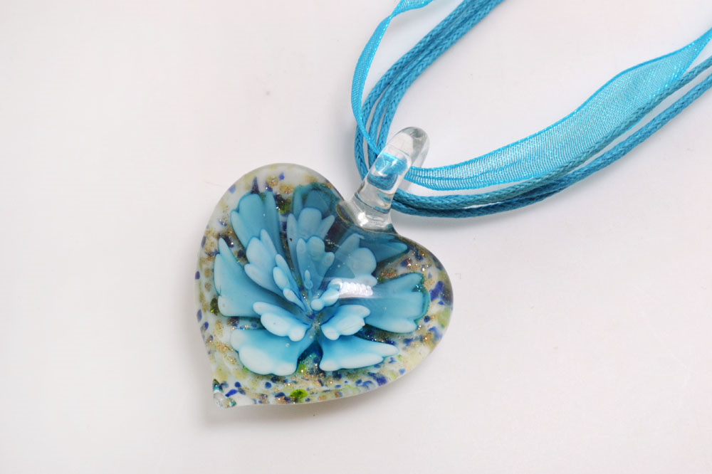 Charm Heart Shape Art Murano Lampwork Glass Pendant Necklace Flowers Inside for Women Girls Summer Jewelry Gifts