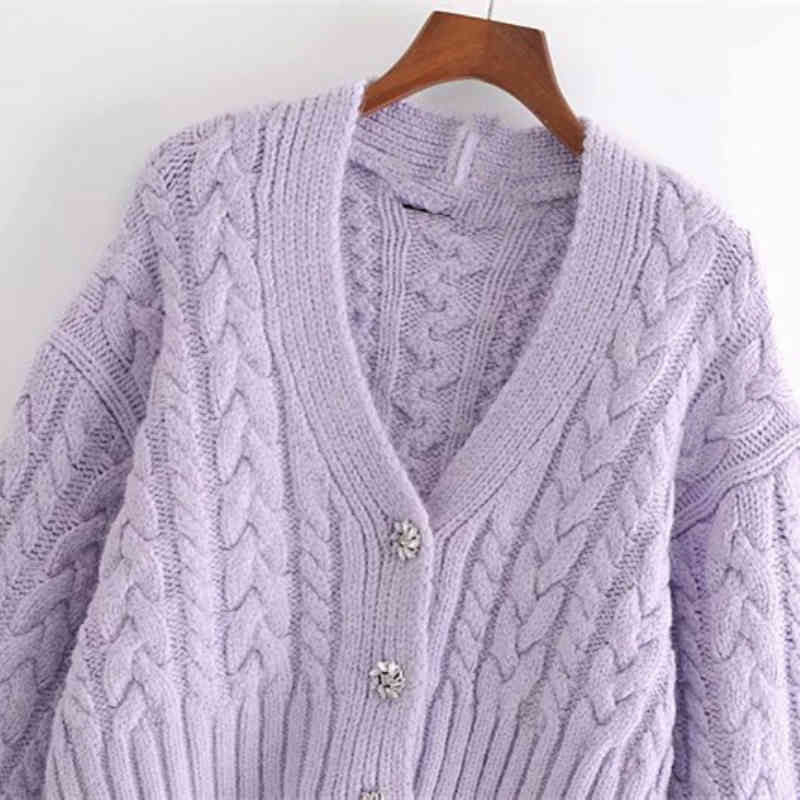 Women's Knits Tees Sweet Woman Purple Loose V Neck Knitted Cardigan Spring Fashion Ladies Diamond Button Knitwear Girls Casual Sweaters 210515