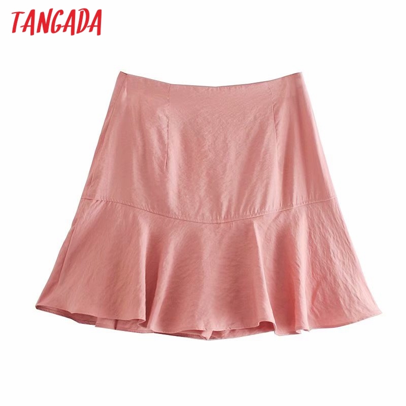 Women Pink Solid Skirt Summer Buttons Ruffles Casual Shorts Pantalones 4N24 210416