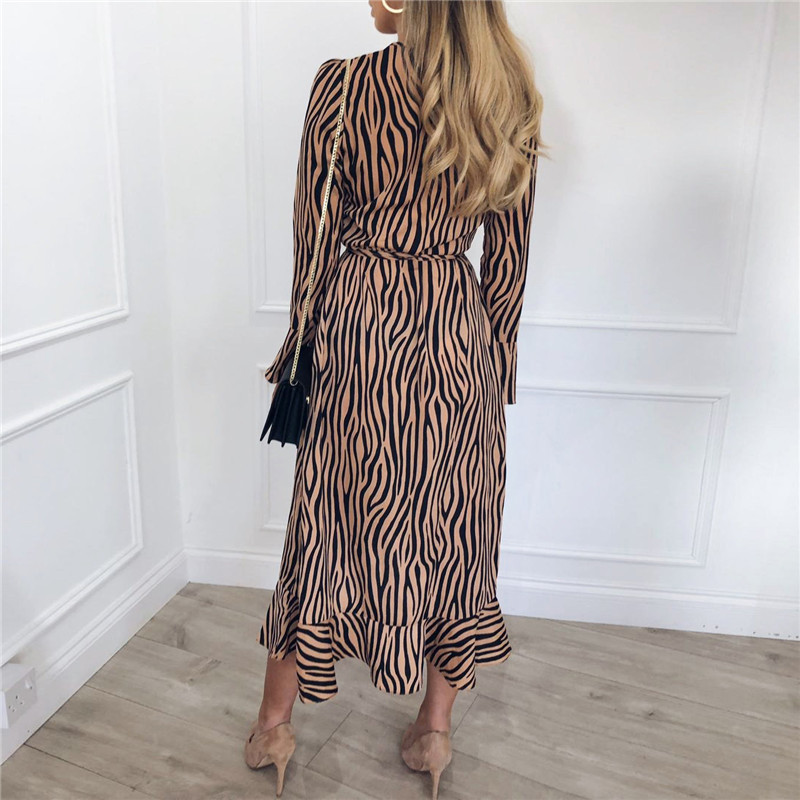 Summer Long Dresses Women Zebra Print Beach Chiffon Dress Casual Long Sleeve V Neck Ruffles Elegant Party Dress Vestidos 210409