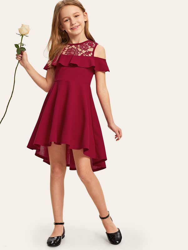 Girls Guipure Lace Cold Shoulder Ruffle Trim Dress SHE