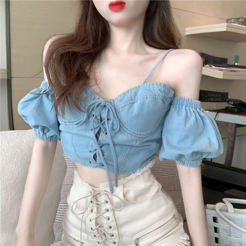 Summer Women Casual Vintage Denim Spaghetti Strap Off Shoulder Puff Short Sleeve shirt Tops Female Sexy Club Lace-up 210510