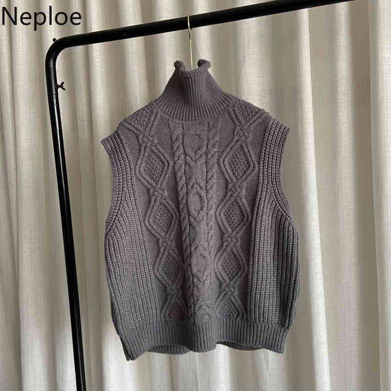 Neploe Korean Turtleneck Sweater Vest Women Sleeveless Thicked Knitted Ribbed Waistcoat Fall Clothes Pullovers Tank Tops 210422