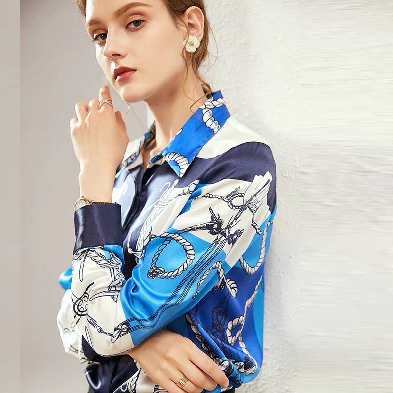 Vintage Chain Printing Women Long Sleeve Shirts Spring Leisure Lady Turndown Collar Blouses shirt Loose Tops 210421