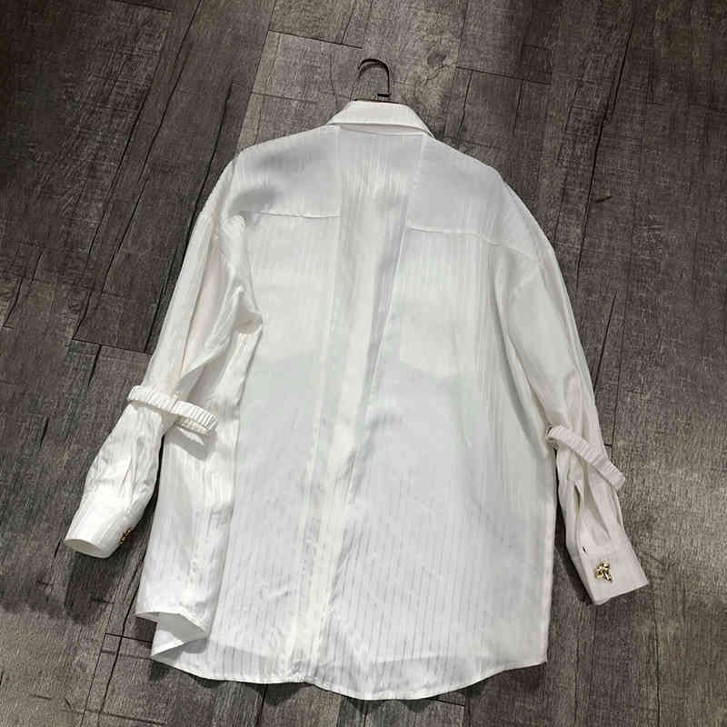 VGH Casual Patchwork Diamond Striped Blouse For Women Lapel Long Sleeve Loose White Shirts Female Fashion New Clothing Fall 210421