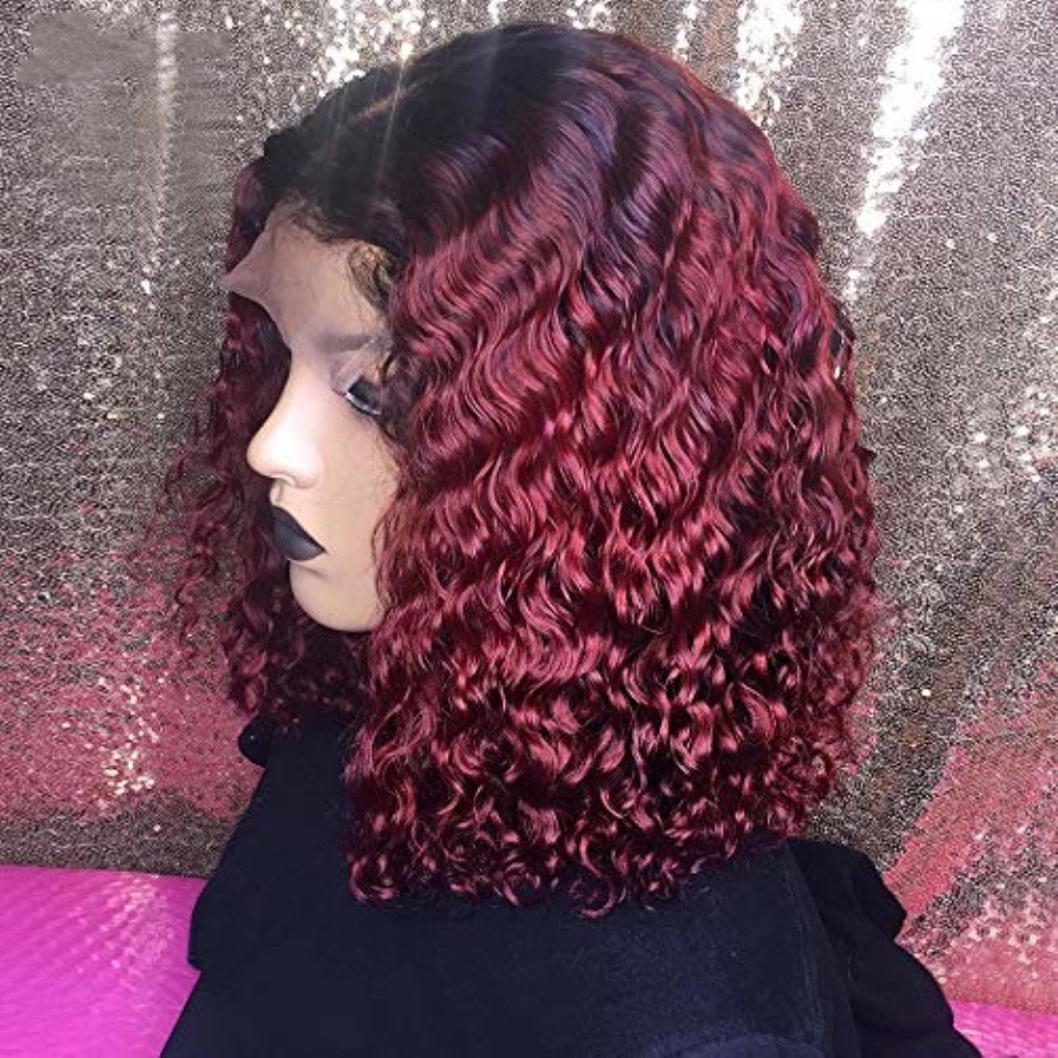1B/99J Burgundy Red 13x4 Brazilian Full Wigs Pre Plucked Ombre Brown Short Bob Kinky Curly Synthetic Lace Front Wig 150 Density