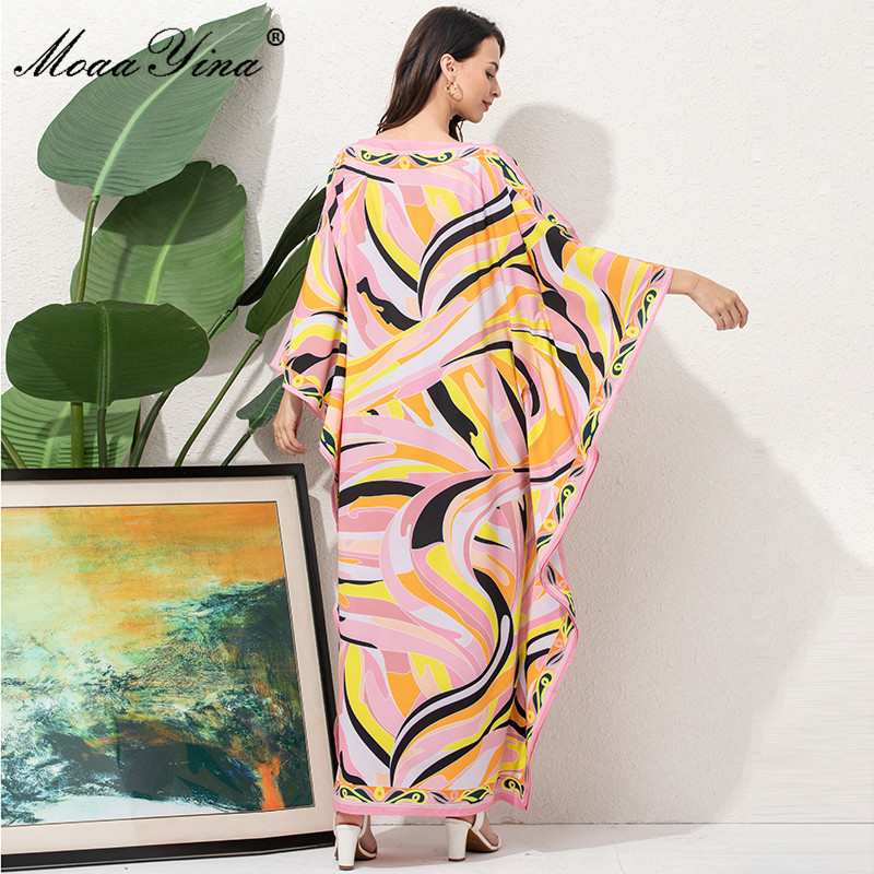 Fashion Runway Loose Maxi Dress Women Elegant Ethnic Print Chiffon Long Batwing Sleeve Oversize Dressing Gowns 210524