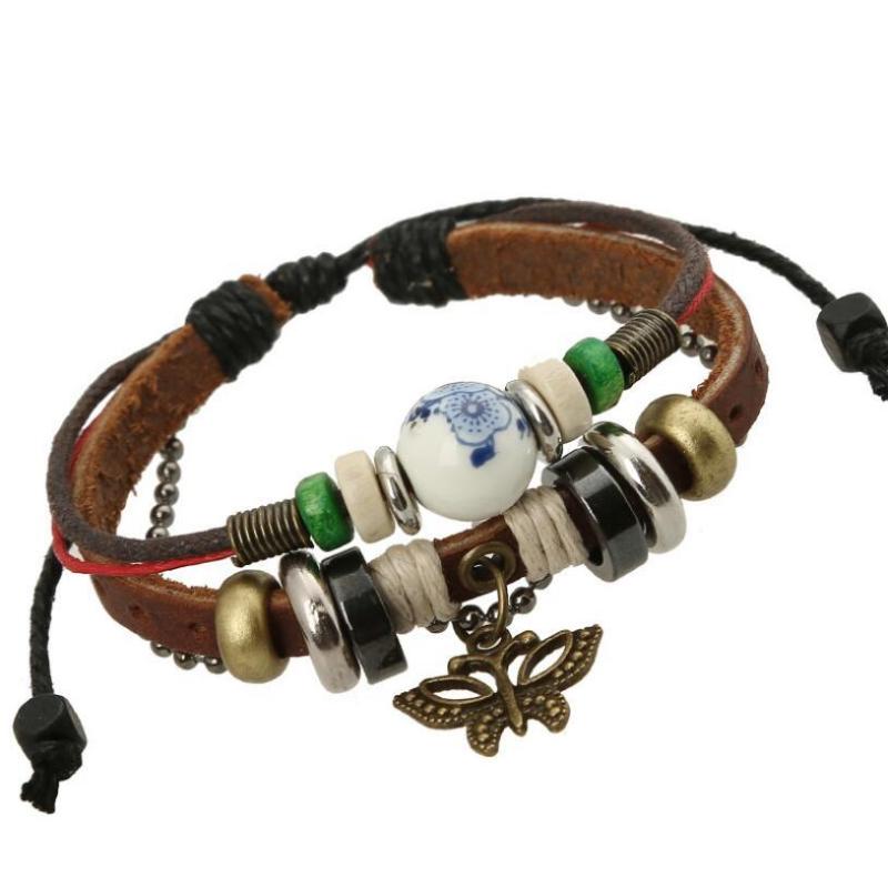 Charm Bracelets Punk Creative Beaded Leather Jewelry Accessories Men Women Fashion Personality Butterfly Pendant Woven Adjustable Bracelet