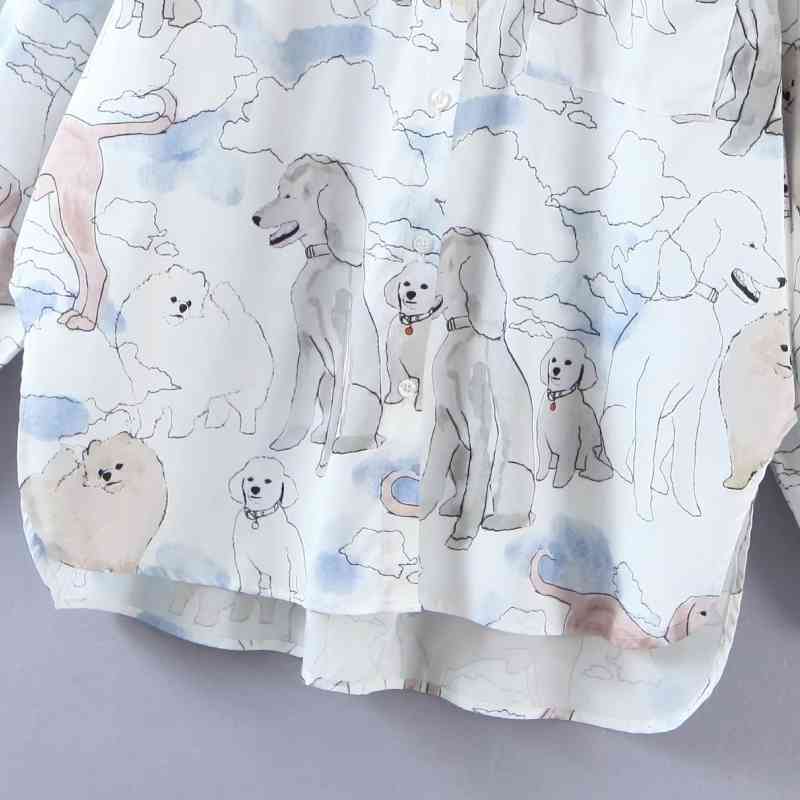 Women Dog Print Single Pocket Loose Shirts Female Long Sleeve Blouses Casual Lady Turndown Collar Tops Blusas S8275 210430