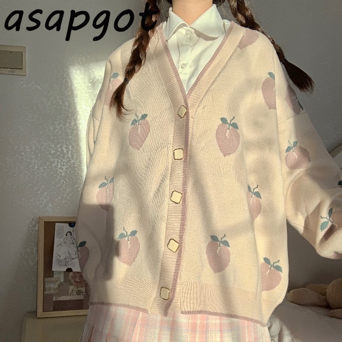 4style Vintage Japan Style Loose V Neck Pink Peach Knitted Cardigan Jacket Autumn Winter Sweet Girls Knitwear Top Fashion Print 210429
