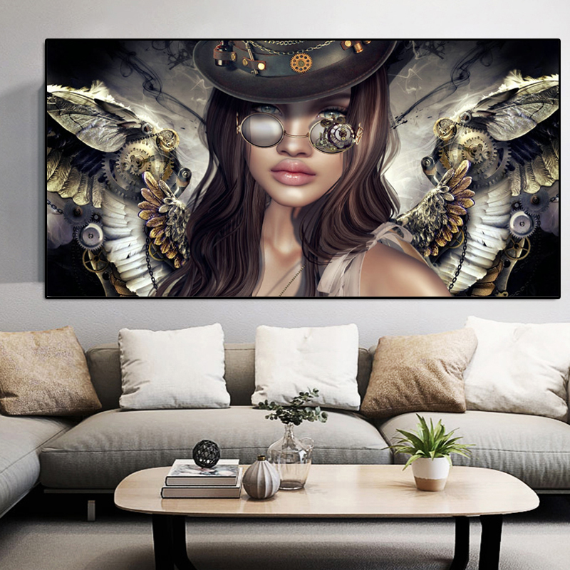 Canvas Painting Steampunk Angels With Glasses Sexy Women Girl Portrait Posters And Prints Wall Pictures For Living Room Decor