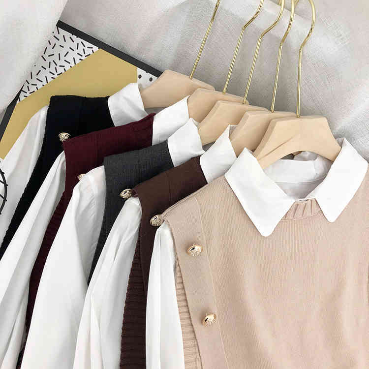 Elegant Two Pieces Set Women Button Bandage Sweater Vest + White Longsleeve Blouse Korean Fashion Clothes Suit 210422