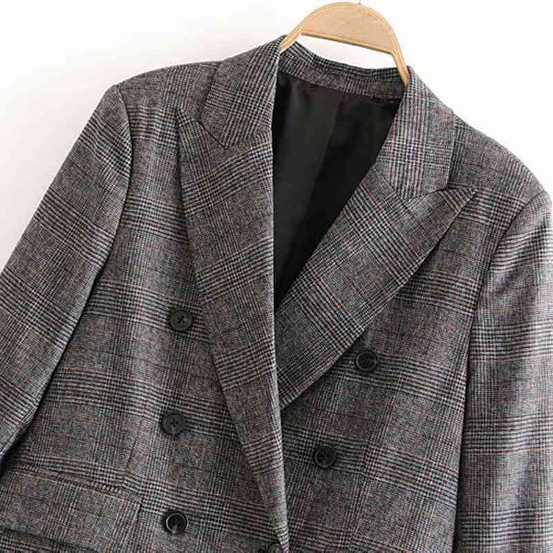Vintage Double Breasted Women Plaid Blazers Suit Pockets Notched Collar Retro Coat Long Sleeve Lattice Office Jacket Outerwaer 210515