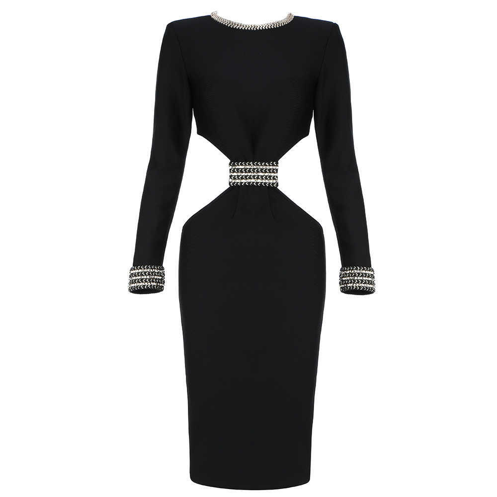 Fashion Women Sexy Hollow Beaded Long Sleeve Round Neck Black Midi Bandage Celebrity Runway Party Club Dress 210527